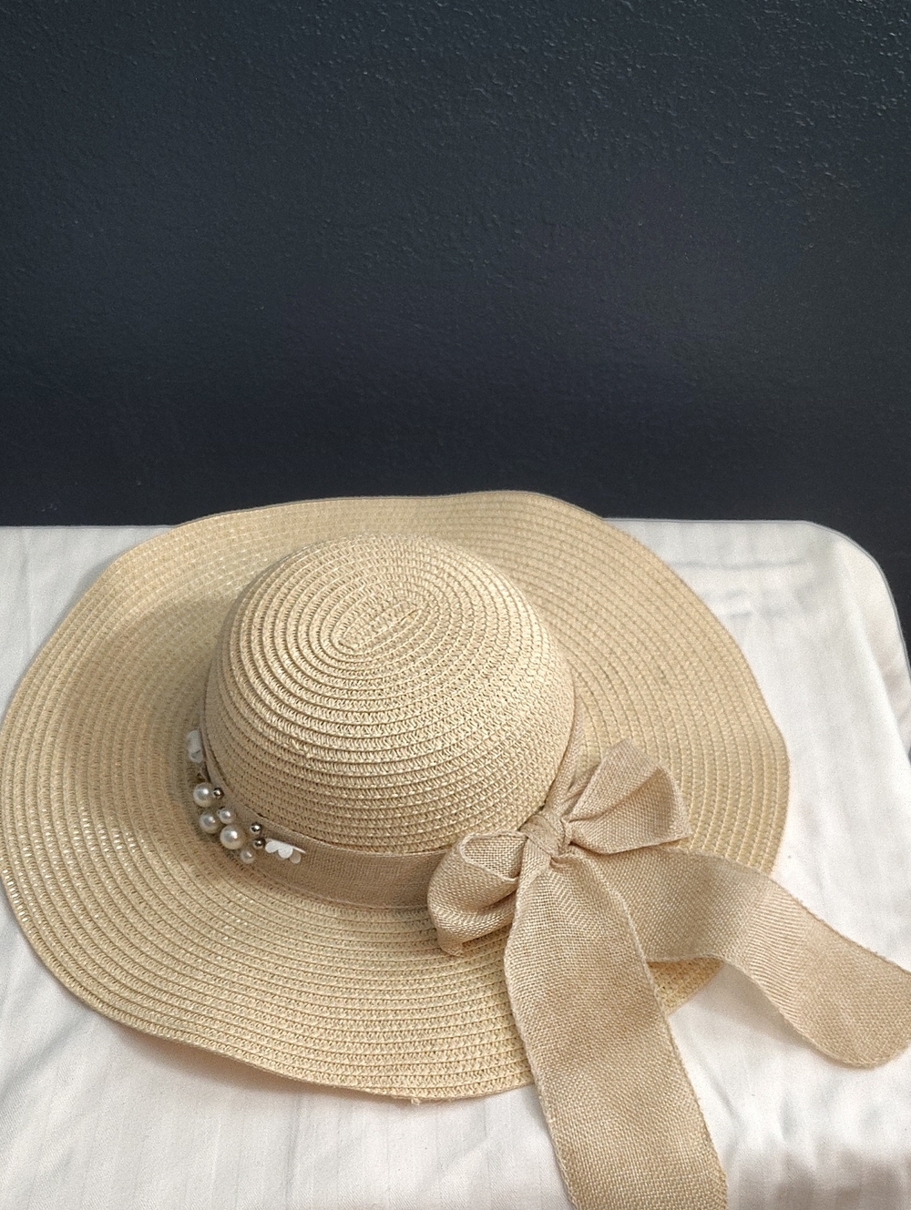 Wide Brim Paper Sun Hat with Pearl Accent - Beige